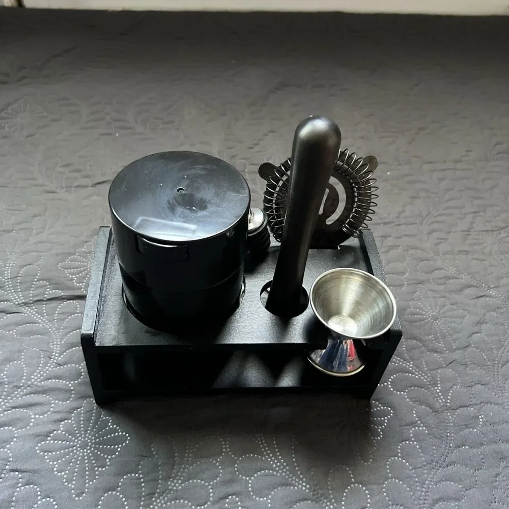 5 Piece Black Mixed Plastic & Stainless Steel Bar Tool Cocktail Set With Stand